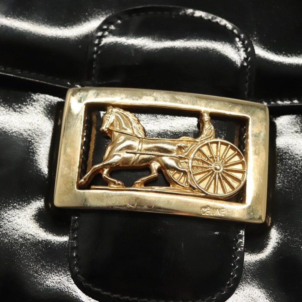 Authentic CELINE Horse Carriage Shoulder Bag Patent leather Black Gold - Picture 7 of 16